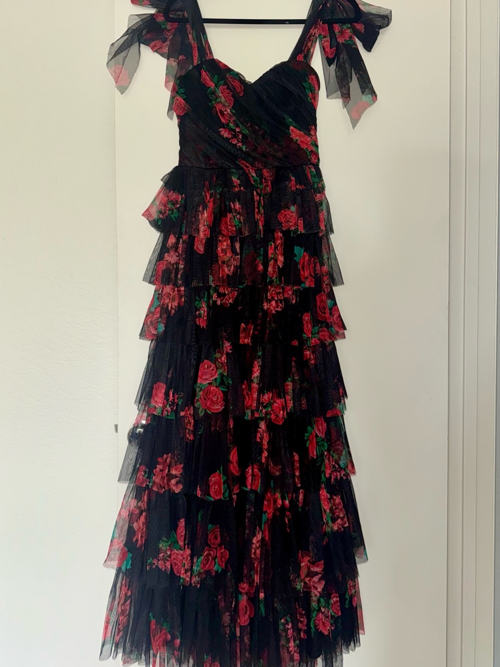 Girls' Black Red Rose Tiered Tulle Dress